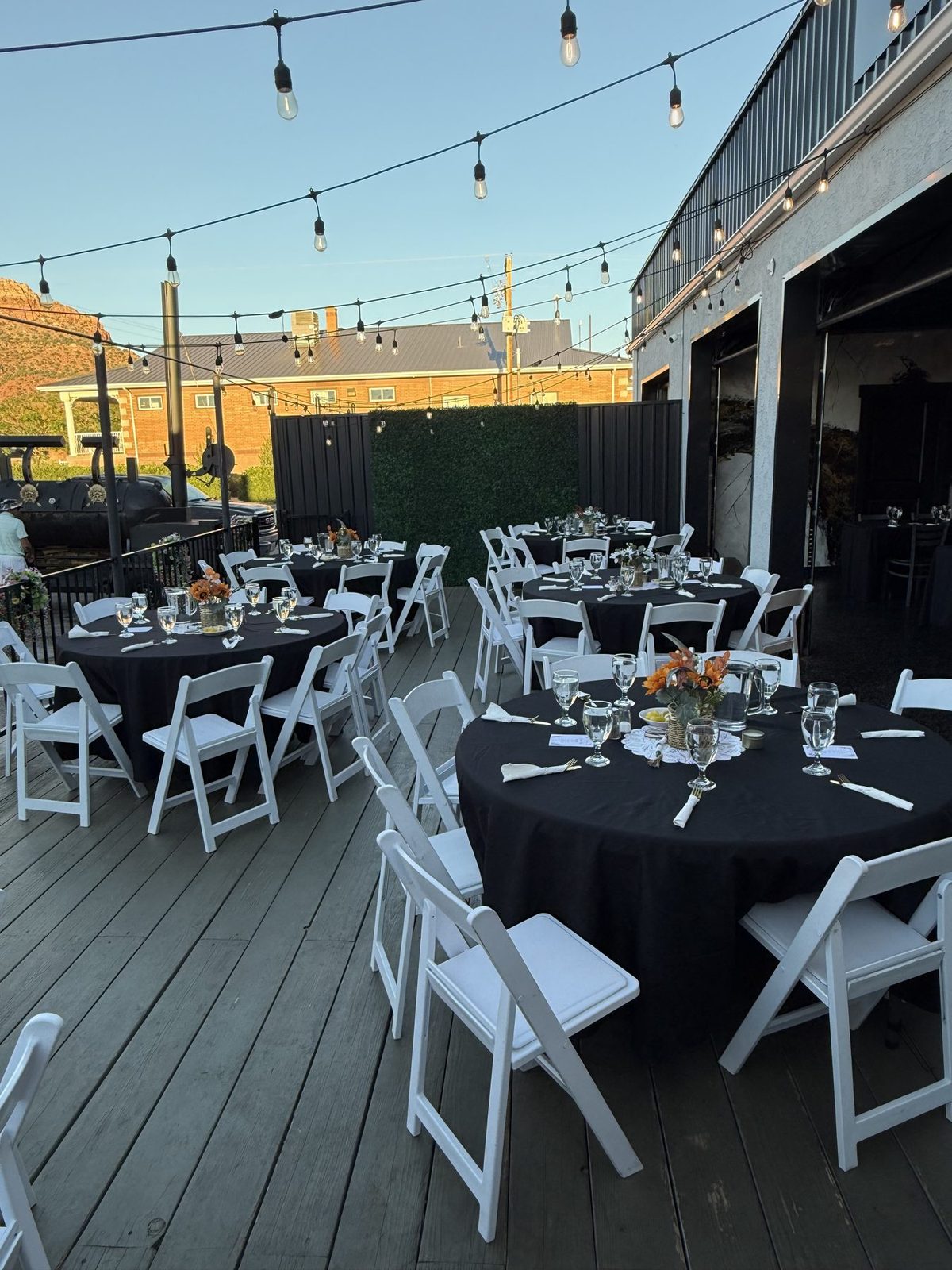 Patio tables at golden hour