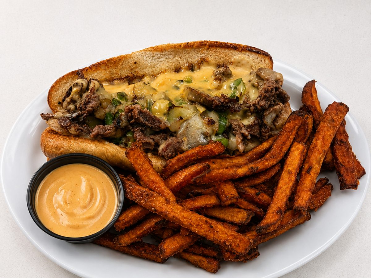 El Cappuccino’s Creeker Cheese Steak — shaved steak, peppers, mushrooms and melted cheese on a hoagie with sweet potato fries and fry sauce