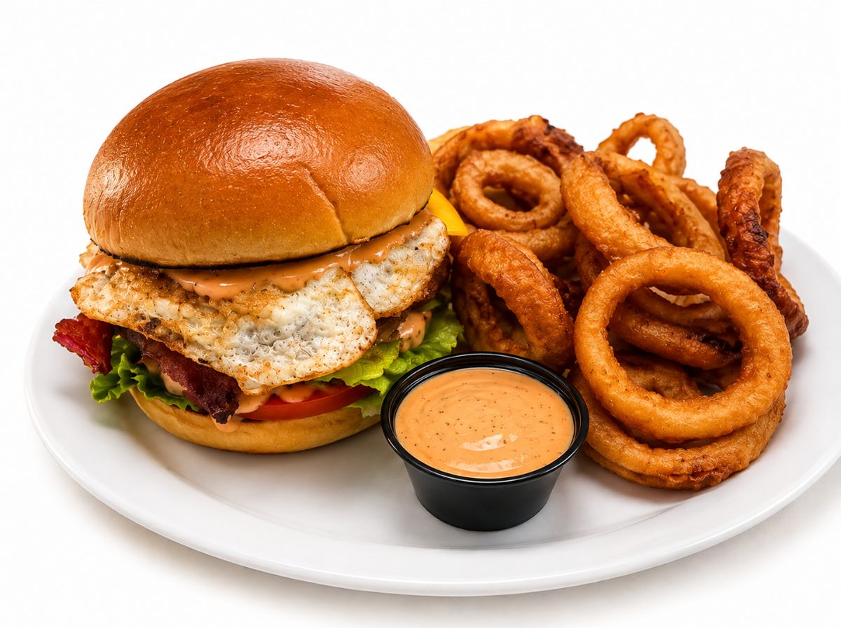 El Cappuccino’s El Cap Smash Burger with a fried egg and bacon, served with onion rings and fry sauce
